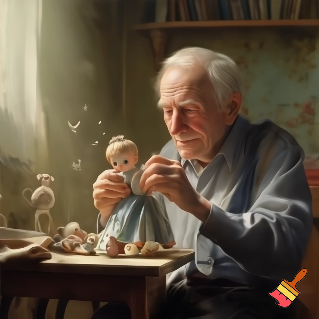 A realistic photograph of an elderly man sitting at a small wooden table, gently repairing a broken doll.
The scene looks natural and lifelike, with soft daylight coming from a nearby window.
The man’s face is warm and kind, with detailed wrinkles and calm eyes.
The background shows a simple cozy room with a nostalgic atmosphere.
Realistic lighting and natural colors.