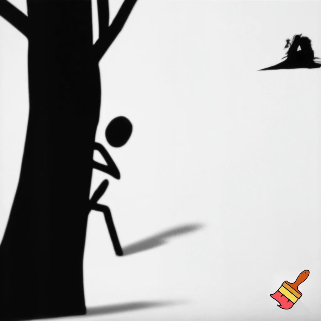 Ancient human survival

Stick figure hiding behind tree, predator in distance, black and white, minimalist, xkcd-style, survival concept illustration