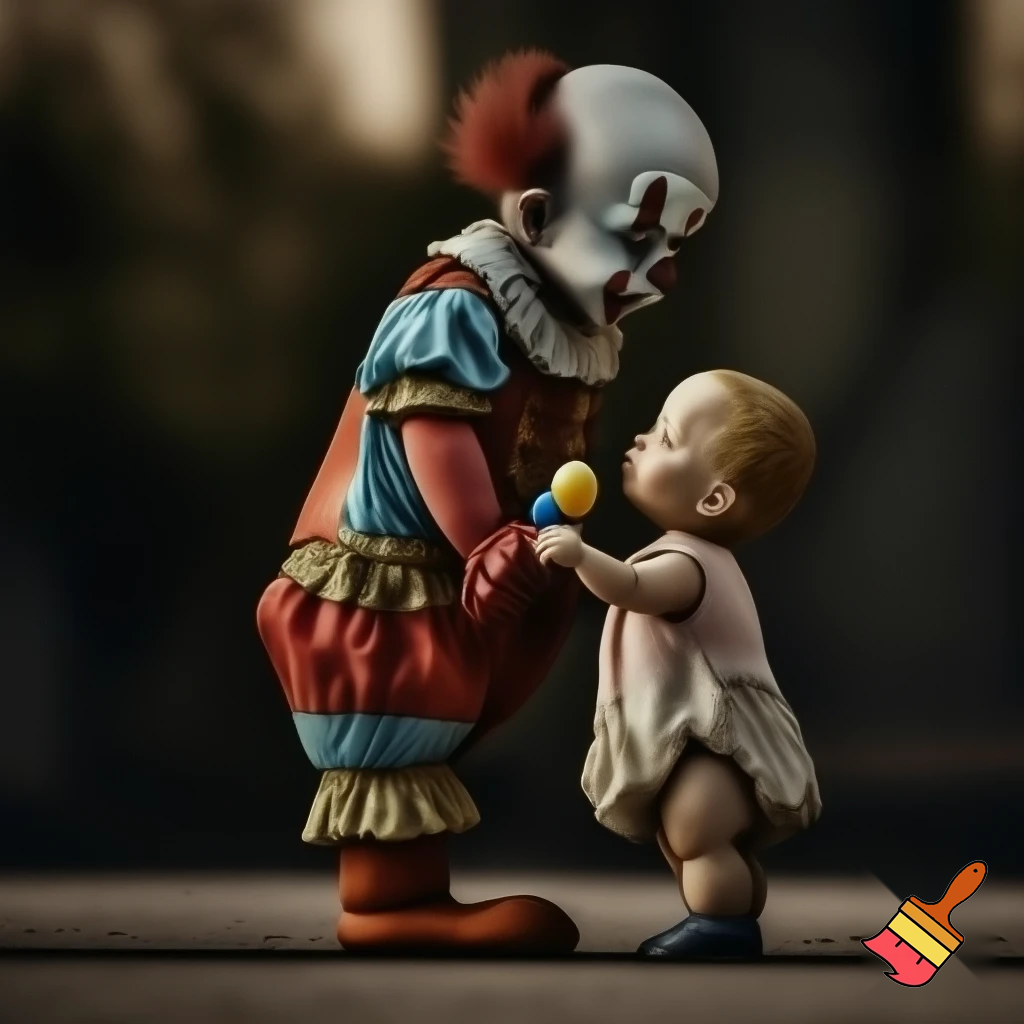 ):

A realistic full-body scene of a sad clown with detailed makeup and a colorful costume, standing quietly while a small child gently offers him a balloon animal. The atmosphere is emotional, tender, and heartwarming, with natural lighting, detailed fabric texture, and cinematic realism.