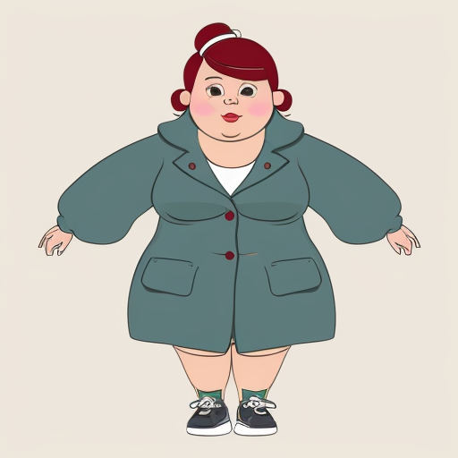 A fat lady that wears a green coat, has bulging ankles, dirty sneakers, loose fleshy cheeks, neck covered by fat, sparse red hair pinned back by a plastic barrette, tiny face features, small blue eyes, and looks intimidating.