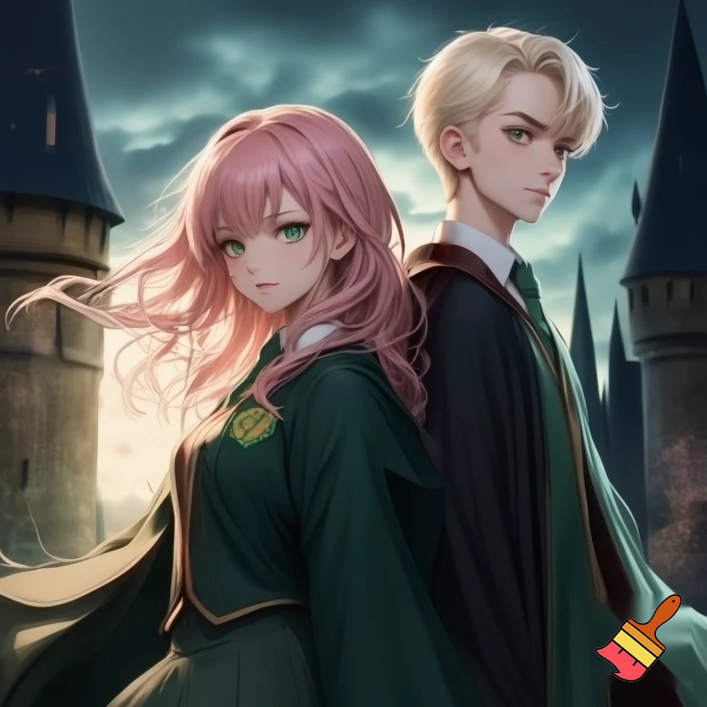 a anime girl, long pink hair, with a slytherin outfit. With Draco malfoy. Two people, hogwarts background. High quality and detail anime style 