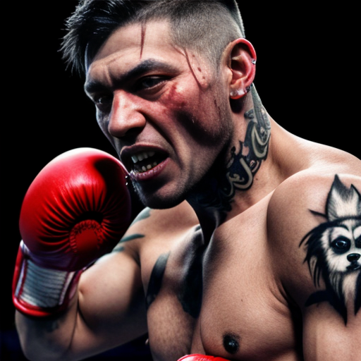 deadly dog ,sharp teeth, blood driping , face tats, nose ring ,navey bluey prisenor fit mug shot boxing gloves
