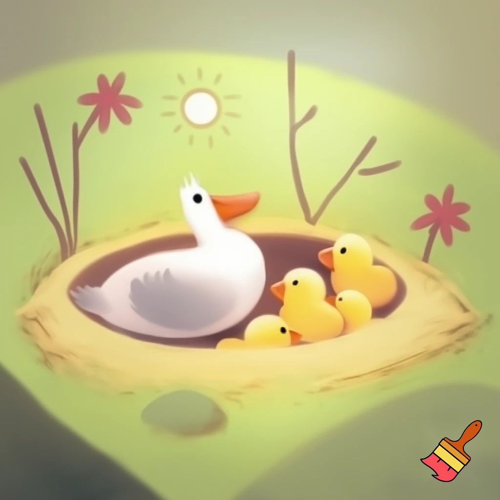 “A different chick is born in the nest.”


Background:

Slightly curved grassy ground (with small hillock shapes on top)

At the back, 2 short, leafless thin tree branches or reeds (not too complex, just to complete the scene)


Center section (focus point):

A slightly oval nest

Nest edges: Minimal straw effect consisting of 6–7 regular lines

4 chicks inside the nest:

3 small ducklings → yellow, round-edged, sweet little characters

1 large duckling → light gray, larger, slightly long-necked, with a bigger head



Character Details (Simple but meaningful)

Mother duck:

On the left, looking at the nest

Medium-sized body, minimal single-line wings

Eye → single black dot

Beak → triangular, very little detail

Slightly bent neck → conveys a feeling of “love and surprise” but is not difficult to draw


Ducklings:

The small ones →

Round head

Small oval body

Tiny triangular beak

Two are looking at the mother, one is looking at the big duckling (meaningful fictional scene)

Big chick →

Body and head 35% larger

Neck slightly longer

Facial expression → slightly surprised and sad but simple
Nest → Light/medium brown (single tone)

Grass → Light green (no shadows)

Small chicks → Yellow

Large chick → Light gray or pale beige

Mother duck → White + orange beak

Tree/reed → Light brown single color
A distant, small sun above the nest (half circle + 5 short rays)
2 small flowers in the grass (red or pink; simple drawing with only 5 leaves)