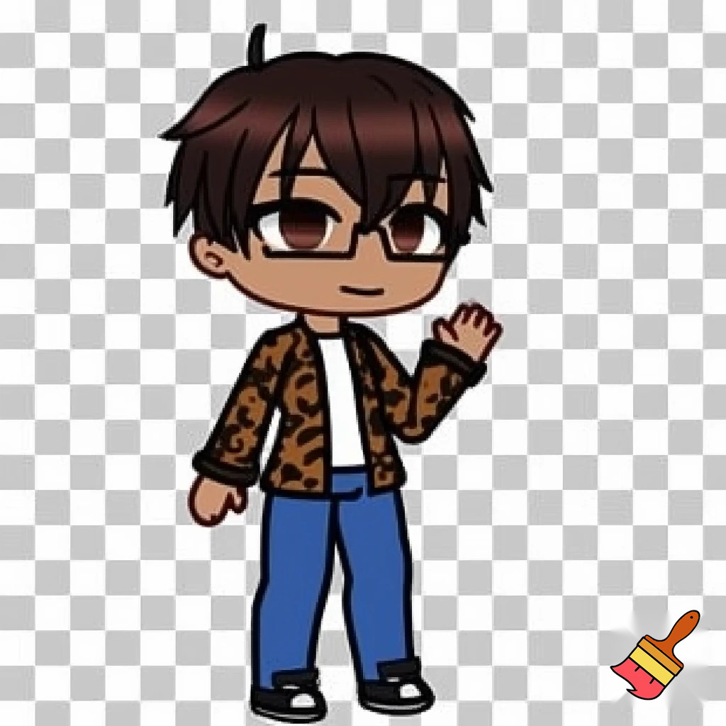 A Gacha brown skinned boy with dark brown hair, brown glasses and a brown pattern jacket with a white shirt, blue pants and black shoes. Waving at the camera 