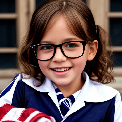 Cute adorable niña Chilindrina glasses con hair lazo curly Blonde con sailor uniforme escolar con zapatos negros escolar con calcetines blancos con Estados Unidos América bandera con desfile con ciudad 1