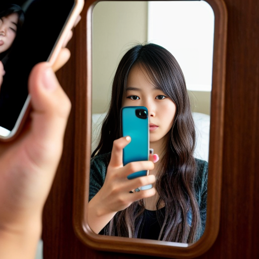  L'immagine mostra una ragazza asiatica  dai capelli scuri e ondulati che scatta un selfie allo specchio in quella che sembra essere una camera da letto. La persona è in piedi, con una mano sollevata tra i capelli e l'altra che tiene lo smartphone per catturare l'immagine.
Sullo sfondo si notano diversi elementi tipici di una stanza vissuta:
Un letto con lenzuola chiare e cuscini di vari colori.
Alcuni oggetti personali sparsi, tra cui capi di abbigliamento rossi e blu.
Una bottiglia d'acqua sul pavimento accanto alla struttura del letto
Nell'immagine si possono notare diversi elementi di abbigliamento e tessuti sparsi nella stanza:
Sullo sfondo, a sinistra, ci sono dei cuscini e delle lenzuola colorate sul letto.
A destra, appoggiati su una superficie, sono visibili dei capi di abbigliamento dai colori vivaci, in particolare un indumento di colore rosso acceso e uno blu.
In primo piano, la persona nell'immagine non indossa vestiti, ma sono presenti delle barre nere di censura sovrapposte alla foto