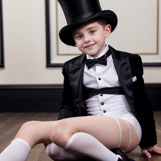 A photo shot of a 15 year old big sister in her black tuxedo jacket, top hat, rose leotard, black bow tie, white gloves, white tights, and black high heel tap shoes and her 13 year old little brother in his black tuxedo jacket, top hat, white t-shirt, black tights and black tap shoes, on stage