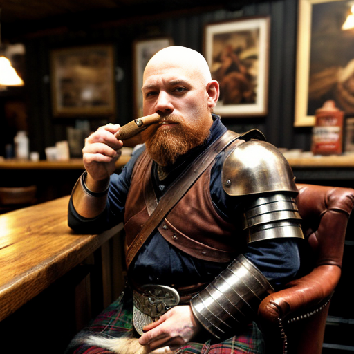 short far dwarf. gunslinger. cigar. sitting at the counter on chair in tavern and sipping a pint. bald. red beard. rough atmosphere. kilt. musket on the table. rugged leather armor. angry. harsh drawn style