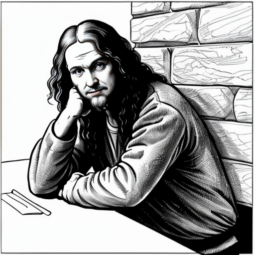 Make a easy to draw sketch of an old Leonardo da vinci leaning on a wall