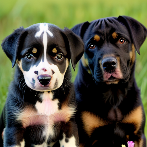 Dalmatian Puppy beside Rottweiler Puppy with flowers 