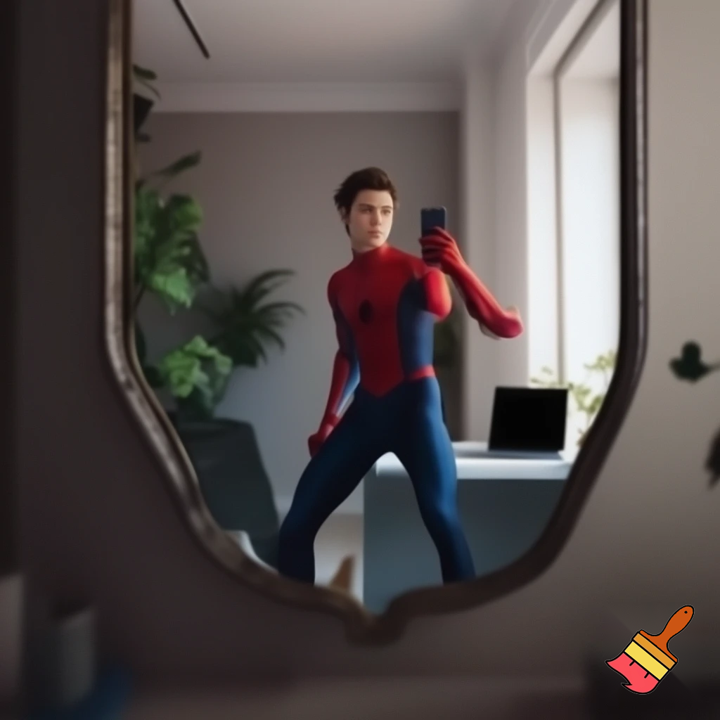 Un joven vestido con el traje de Spider-Man, sin máscara, en su elegante habitación personal. Está tomando una foto de sí mismo frente al espejo. En el fondo se ve un escritorio moderno con una laptop, algunas plantas verdes decorativas, iluminación clara y paredes de fondo claro. El espejo refleja su rostro y parte del traje. Ambiente limpio, luminoso, estilo fotográfico realista, cámara a nivel de los ojos, lente 50 mm, luz natural suave entrando por la ventana derecha.”


