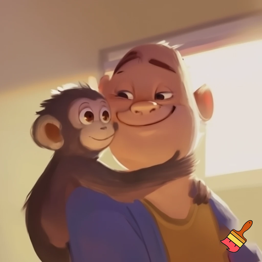 Cartoon man love his monkey 