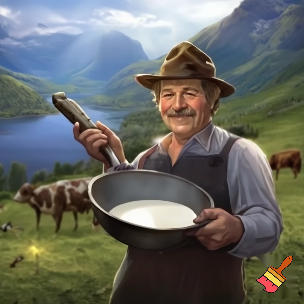 generer et bilde til en reklameplakat, produktet vi skal reklamere for er melkespann laget av vårt firma Nessemaskin. Slagordet vårt er "Litt melk om dagen gjør bra for magen, kjøp vårt melkespann så smiler både mor og mann". Vi vil også få fram at vårt firma er det eneste du kan stole på, spill på nasjonalromantikken og få fram at produktet vårt kan brukes til alt du kan tenke deg, det er bare fantasien som stopper deg. Spill på nasjonalromantikken ved å ha med kyr, fin norsk natur og ei budeie som holder melkespannet
