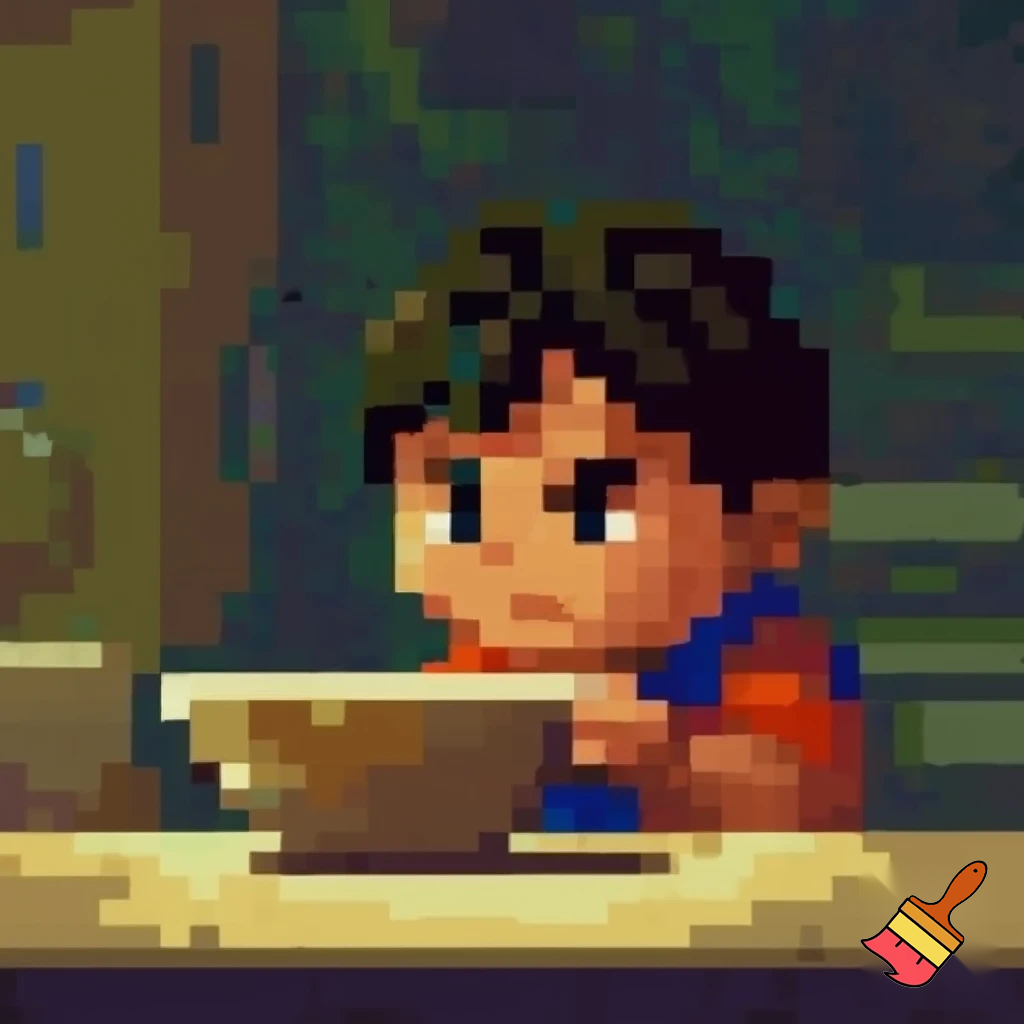 a boy hold a bowl pixel 2d