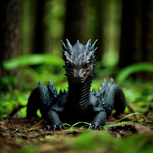 baby black dragon with white eyes in the forest
