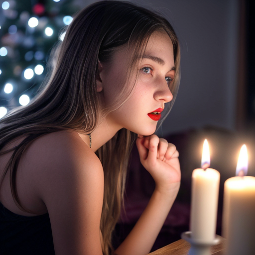 caucasian cute teen girl, skinr, , , seethrou, red lips, full body, b, sideview,, frontview, christmas, cmltoe, opening, nighttime, candles, young,looks at camera