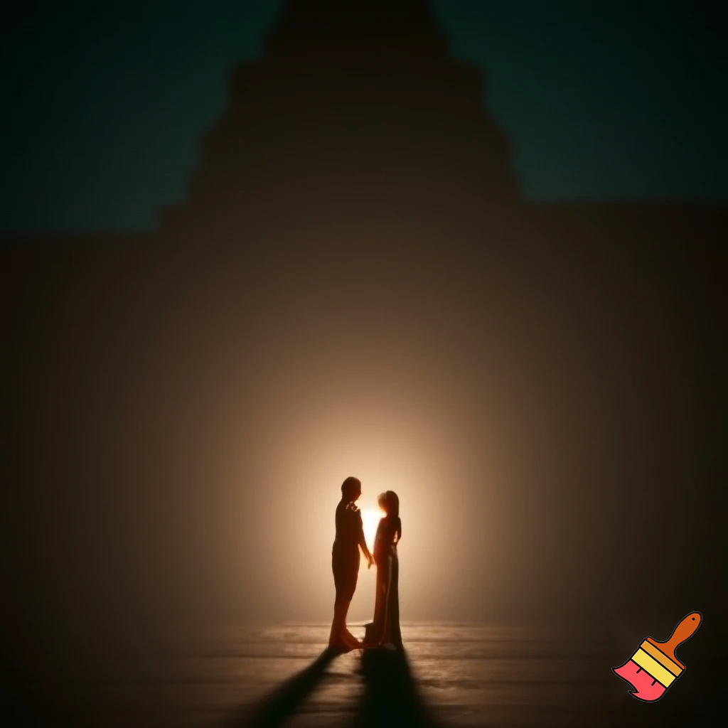 📿 रात्रि का दृश्य, मंदिर जैसी शांति, पति-पत्नी के चारों ओर दिव्य प्रकाश