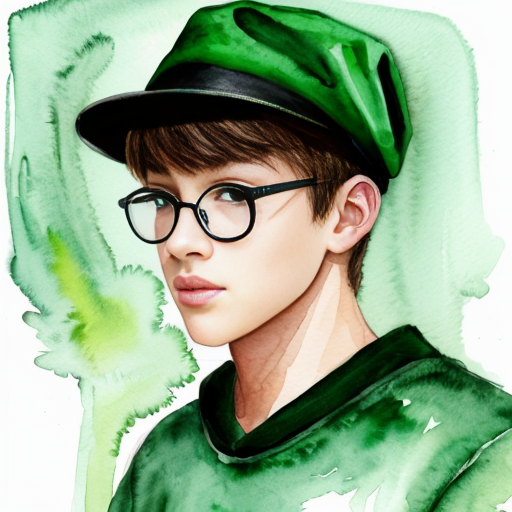  anime teenage boy with a green hat, green eyes, black glasses and a green jumper