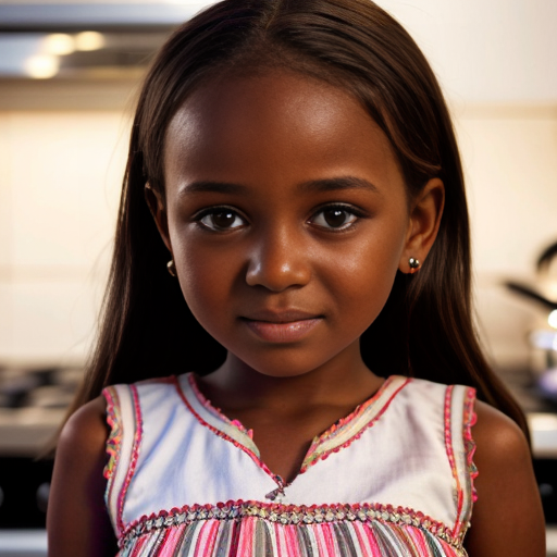 sudanese little girl at night dress, very beautiful and eager, on the kitchen, close up