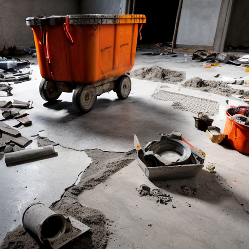 A chaotic construction site. A raw, dark-grey concrete subfloor, severely cracked and spalling. Piles of gray dust, scattered brick debris, an empty sack labeled "CEMENT," discarded paint buckets, and bare, unpainted walls.