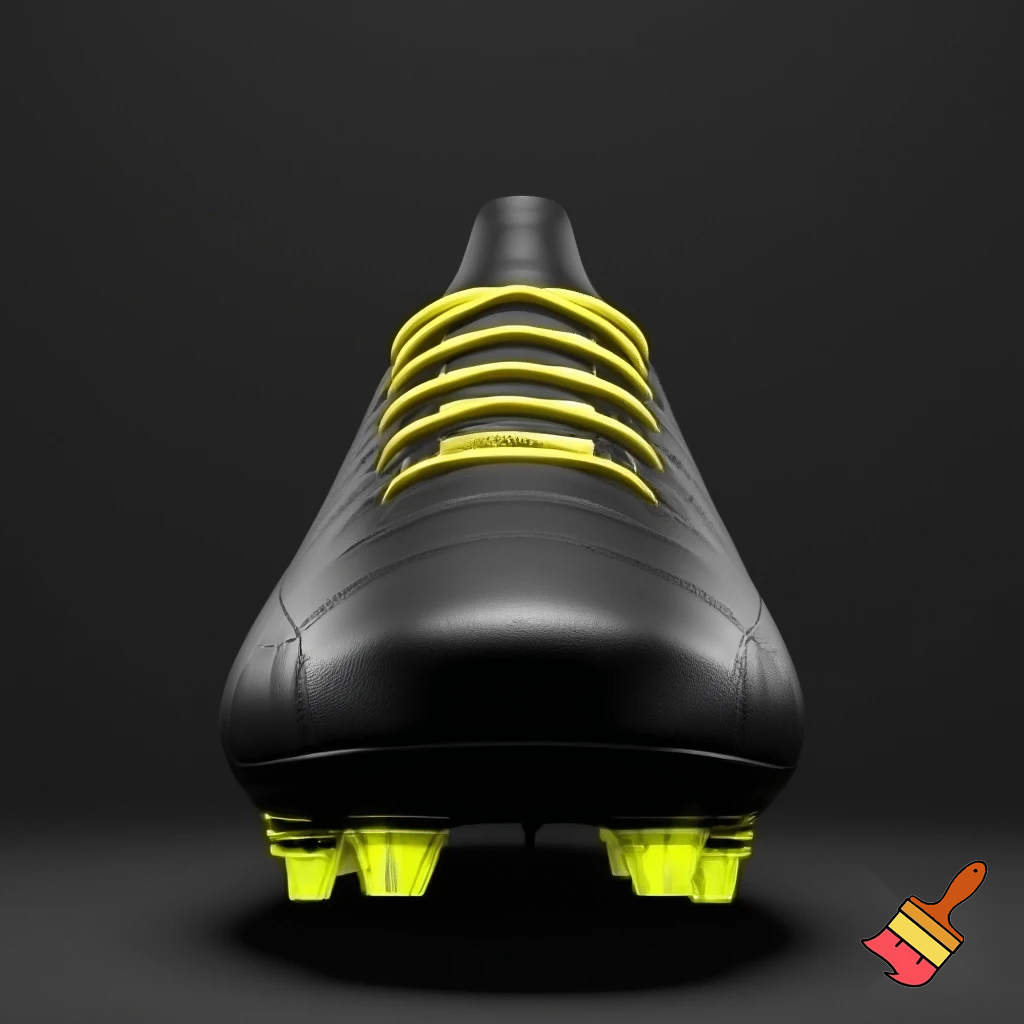 a plain black soccer boot with yellow studs with yellow shoelaces facing me