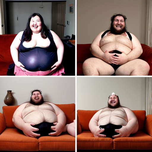 A before and after photo, inside a modern living room, two characters are depicted. in the before photo, a gorgeous beautiful skinny-waisted Asian Female is dressed in a Halloween costume asif the Devil and she is turning the valve on a large metal Vat that says "Extreme Weightgain Serum: WARNING EXTREMELY ADDICTIVE" and she is laughing manaically in a very evil and sinister way with eccentric eyes, in the before photo a Fat White Man with a large round dunlop belly is sitting on a couch and he is guzzling choclate syrup from a hose above him that is connected to the metal Vat, in the after photo the Asian Female is smiling a big wide toothy grin asif crazed and obsessed and she is extremely in love with the now gigantic fat double-belly dunlop-belly of the Fat white man, in the after photo the Fat white man weighs multiple tons of blubbery bloblike Fat with extreme FATTENING and weightgain, the Fatman is now sagging over the entire couch and his dunlop-belly sags between his fat thighs to the floor and covers the entire room, 