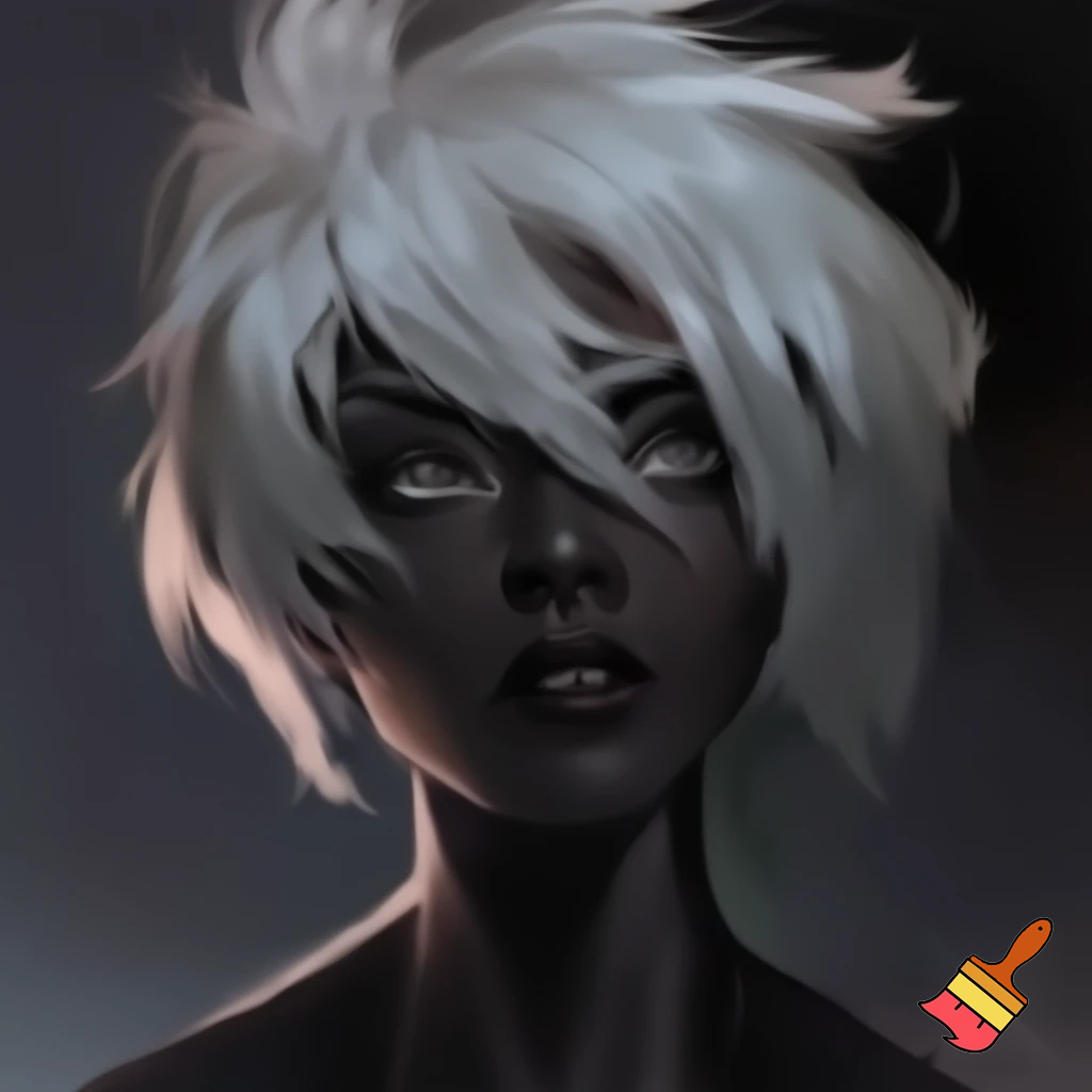 portrait of female character with thick, white, unevenly cut thick hair, realistic, smooth face, charcoal black skin, caucasian features, unkempt hairstyle, lending the person an edgy and adventurous appearance, dark adventure atmosphere, transparent background