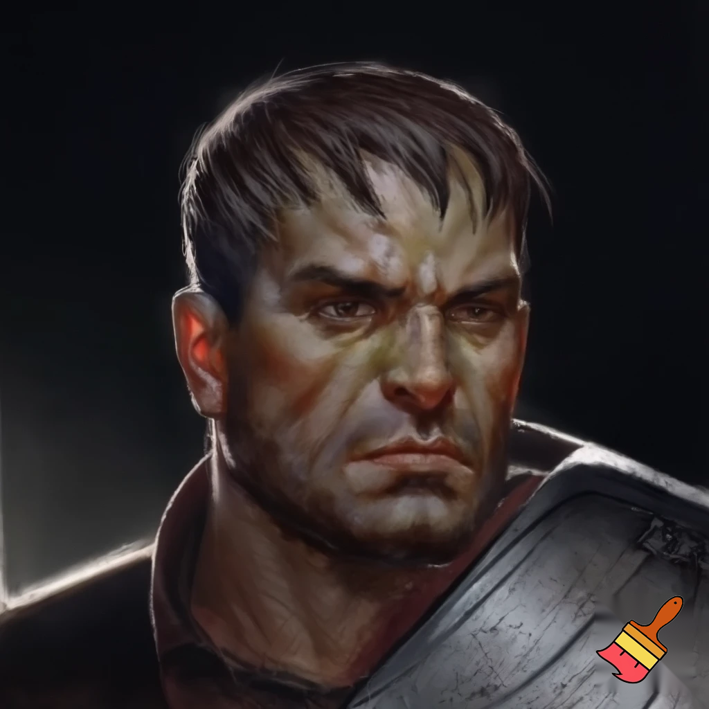 Age: 24 years old (at the beginning of the story) 

Appearance: 

Height/Build: Tall (about 190cm), athletic, powerful build bearing the marks of constant training and heavy armor. 

Hair: Dark brown, almost black, cropped short, but with an unruly strand falling over the forehead. There are the first, barely noticeable gray threads on the temples. 

Eyes: Dark brown, almost black. His gaze is heavy, piercing, accustomed to assessing the threat. In rare moments of peace, you can see fatigue and a shadow of the old warmth in them. 

Face: Sculpted, sharp features. A straight nose, a strong chin, thin lips that rarely stretch into a smile. His face is riddled with scars: the most noticeable one is on his jaw. 

Distinctive features: The habit of clenching his jaw in moments of tension; a scar on his jaw; a steely bearing that betrays a military man even without armor.