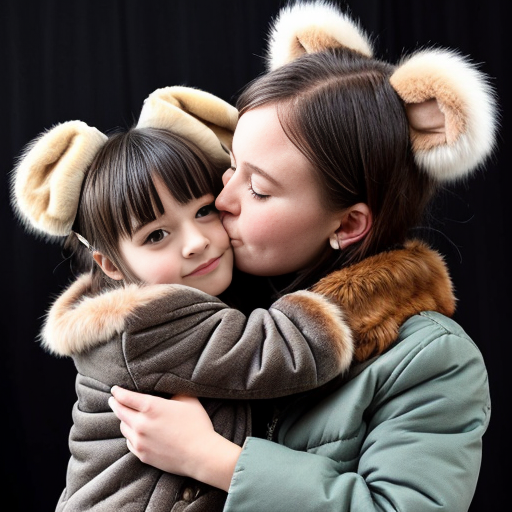 A cute little girl with a faux fur jacket that looks like fox fur, and she has fox ears. She is hugging a little boy and kissing him