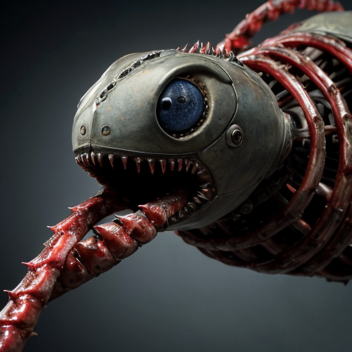 ​A highly detailed, photorealistic biomechanical alien spaceship floating in deep space. The ship is a grotesque, asymmetrical fusion of organic and mechanical parts. Its outer hull features weathered, pale greyish-green chitinous armor plating reminiscent of a giant insect shell, interspersed with exposed, glistening wet red muscles, veins, and gore. Intricate dark metallic cables, segmented robotic joints, and sharp metal spikes weave intricately through the raw flesh. The hull is studded with multiple large, glowing, translucent azure blue dome-like eyes. Near the upper right, a secondary cluster of smaller, glowing yellow and blue robotic eyes emerges from the bloody tissue. At the base is a circular, ribbed, toothy maw with dangling dark red, fleshy biomechanical tentacles and wires extending downward. The background is a breathtaking cosmic vista with vibrant purple and emerald green nebulas, stars, and floating rock debris. Cinematic lighting, hyper-detailed, 8k resolution, macro-photography details on the wet flesh and scratched metal, dark sci-fi, cosmic horror, HR Giger meets David Cronenberg, masterpiece