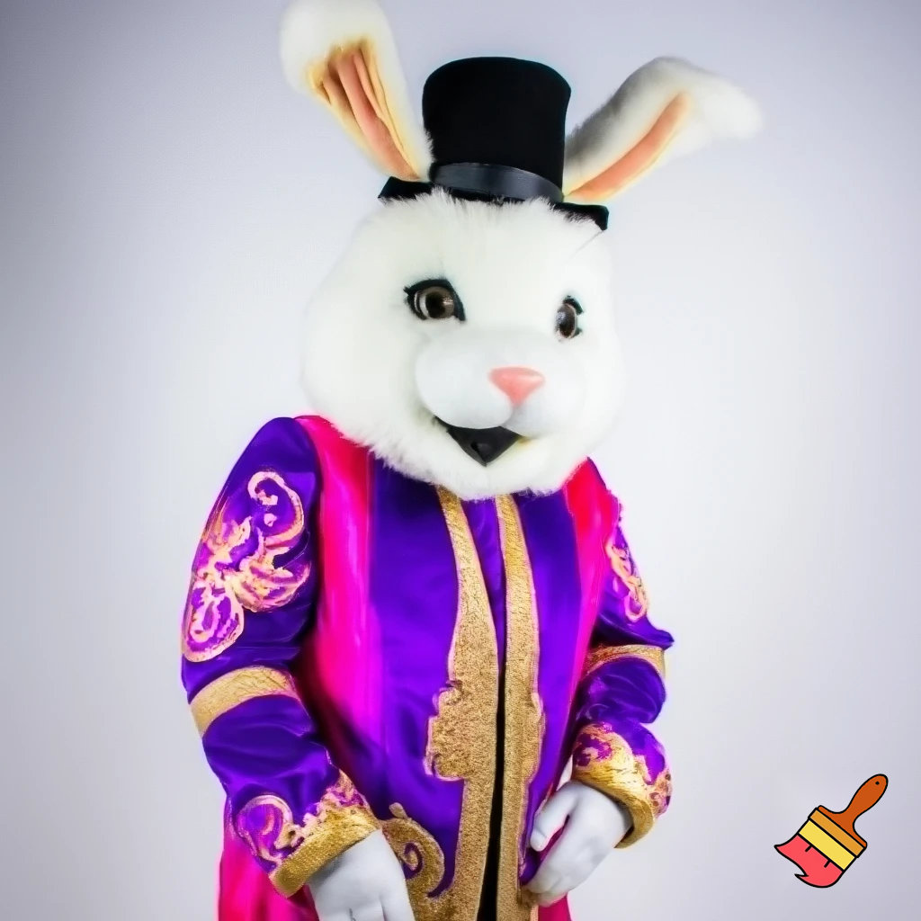 Easter bunny mascot costume top hat a colour face jacket purple and pink pink, purple and pink and gold purple and pink and gold