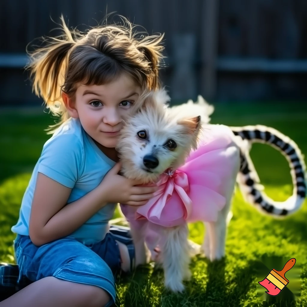 a dog with a cat tail, pink dress and a bow and a little girl hugging it
