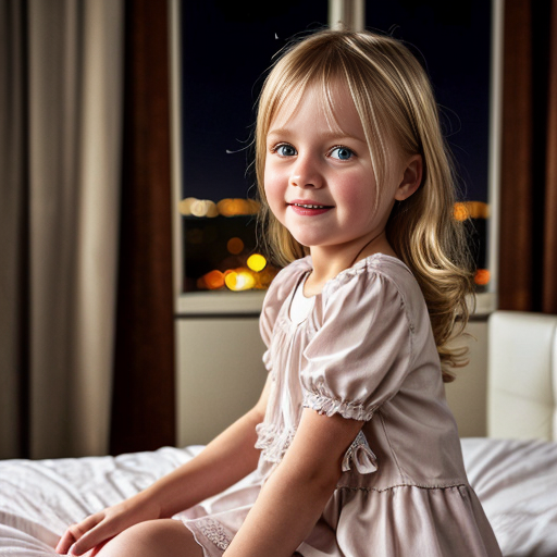 swedish blonde little girl  at night dress, very beautiful, on the bedroom