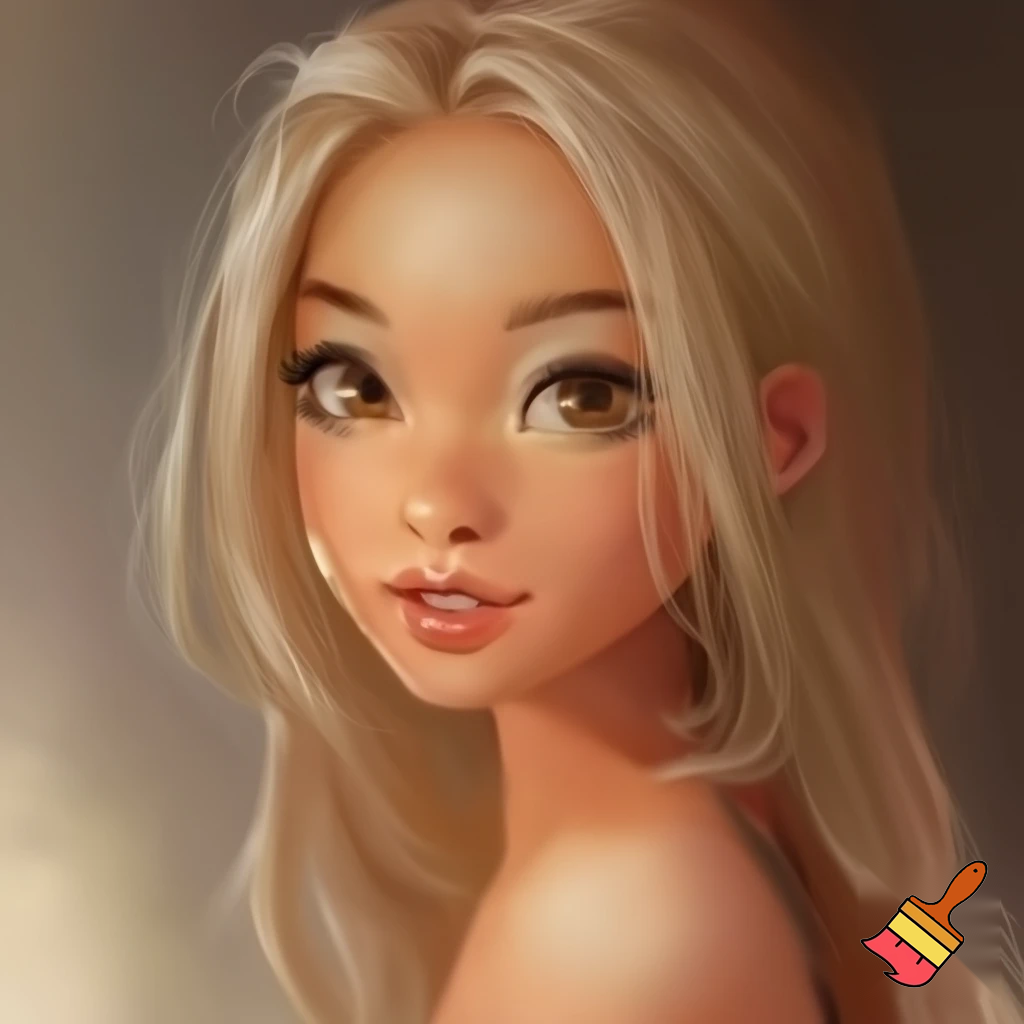 long blond hair, button nose, hazel eyes, short stature, curves, female, gap tooth