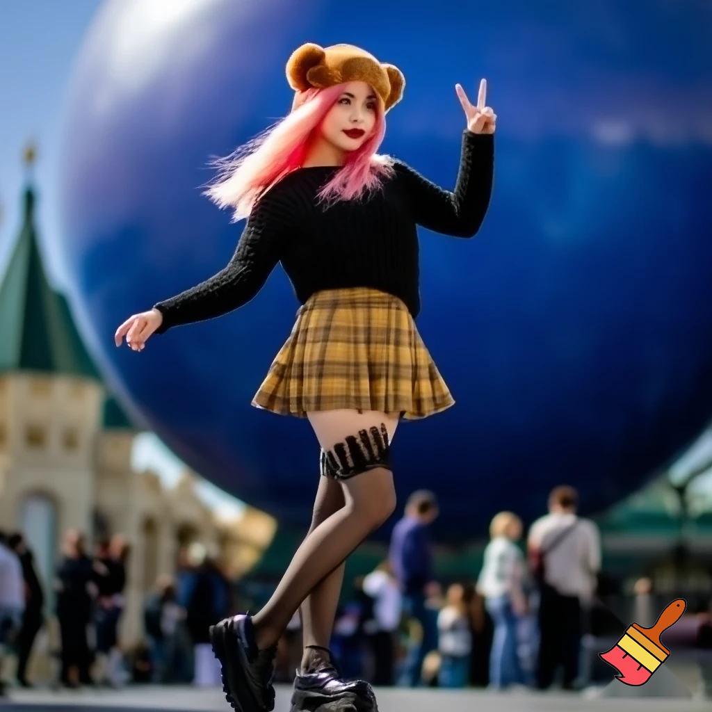 A young woman with long light pink hair, wearing a brown teddy bear hat, a black knitted sweater, a brown-yellow plaid pleated short skirt, black lace suspender stockings, and black platform loafers; standing in front of the iconic blue big ball of Universal Studios, standing on one leg with the other leg bent and lifted, making a peace sign with one hand and stretching the other hand. The background includes park buildings and pedestrians, with a lively, fashionable, and amusement park atmosphere.