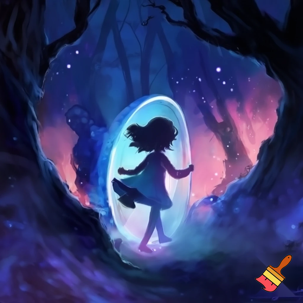 a girl entering a world in an enchanted forest blue, purple ,pink and ,black
 
a girl entering a world in an enchanted forest blue, purple ,pink and ,black
 