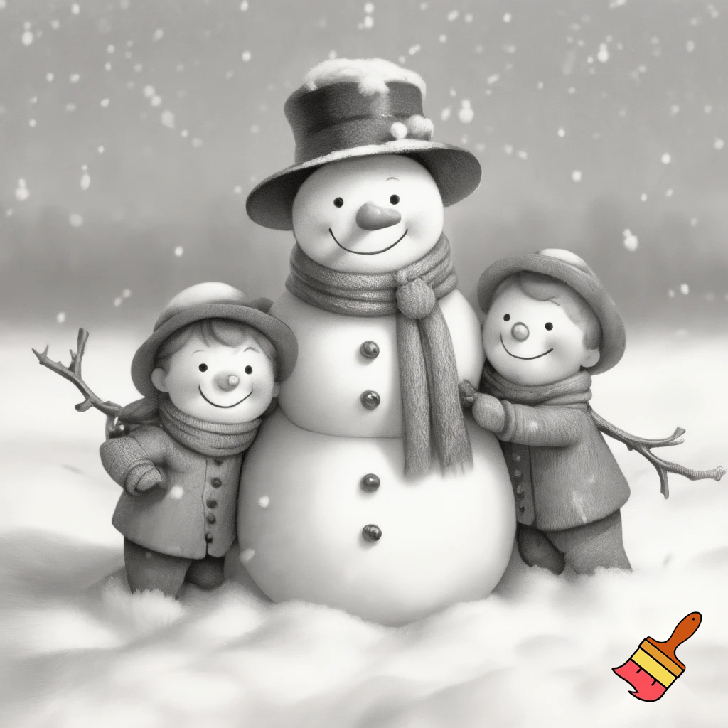 snowmen mum and two sons pencil drawing 
