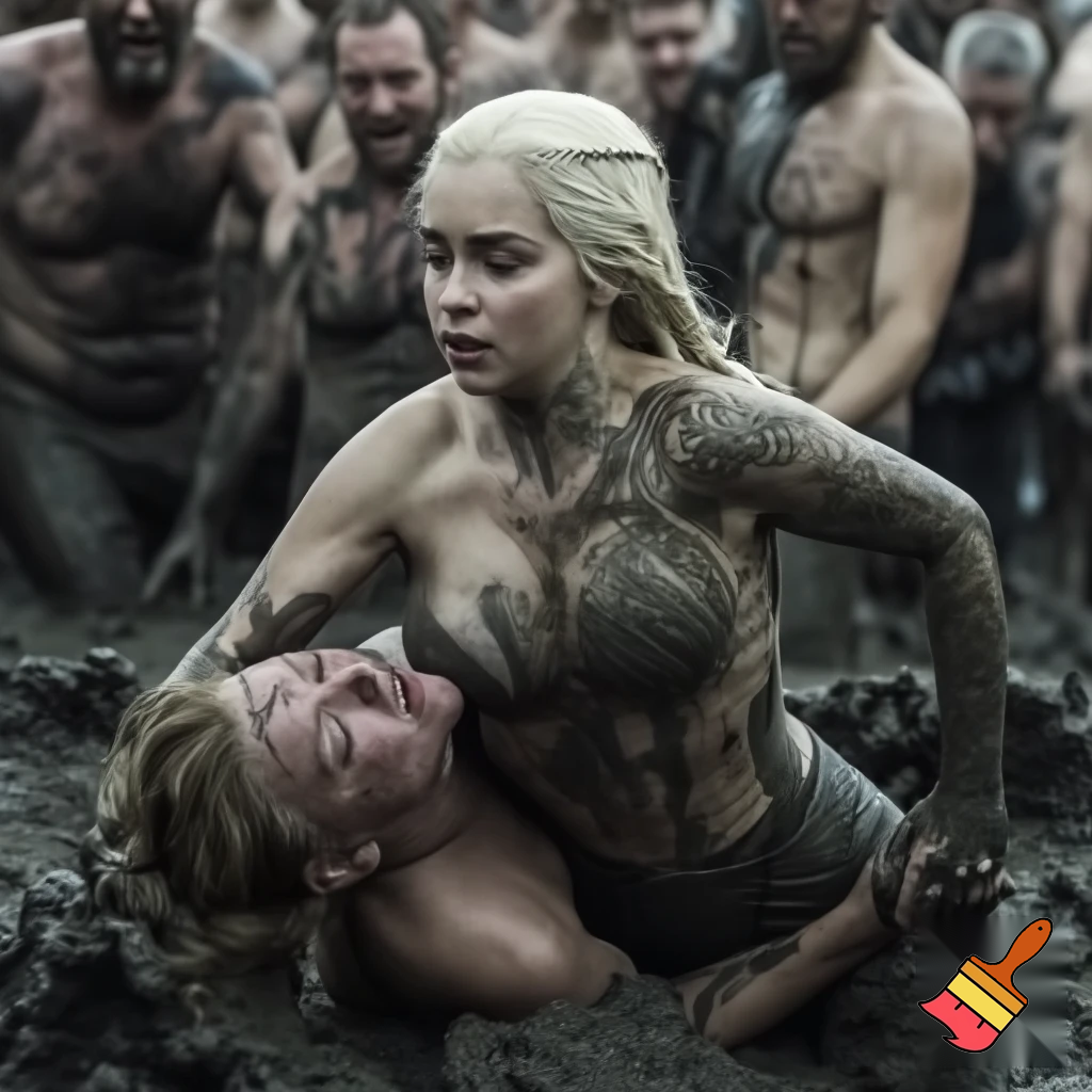 Daenerys Targaryen and Natalie Dormer wrestling in the mud , Natalie Dormer is under Daenerys and losing. Both are naked and all sweaty 
