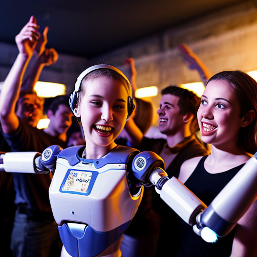 the graduate party with a big group of college students mingles in a group of robots with "AI' name on the body. all of them dance together in the party, cheerfully. under the lights of party with old exam papers everywhere