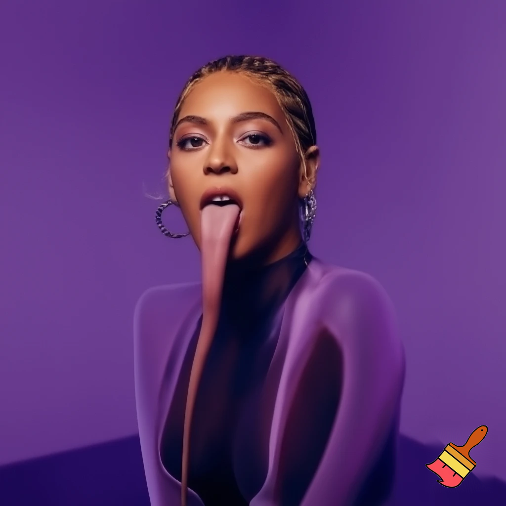 Beyonce showing her long tongue sexy photohsoot in a purple setting ,she is wearing a transparent bodysuit ,saliva wet photoshoot 