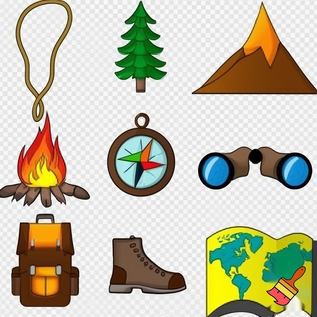 single icons of nature exploration in cartoon style : cord, fir tree, mountain, campfire, tent, carabiner, compass, backpack, world map, hiking shoe, binoculars