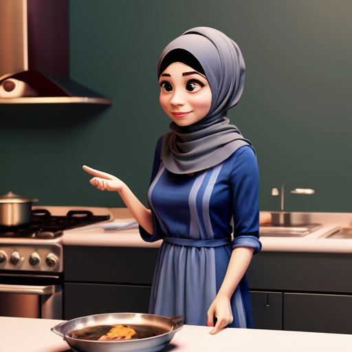 Мультяшный стиль Pixar, персонаж стоит у плиты, жест приготовления, мультяшные черты, большие выразительные глаза, мусульманская женщина 35-40 лет, полностью покрыта широким голубым платьем, платок закрывает все волосы, скромный вид, серый фон, постоянный персонаж, простой мультяшный стиль, кинематографическое освещение