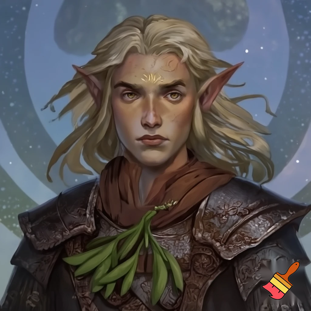younger male wood elf sage circle of the stars druid pale skin blond hair hazel eyes leather armor with a sprig of mistletoe as a necklace