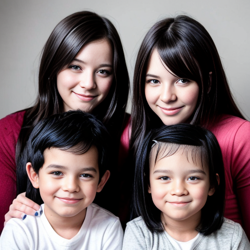 generate a family photo of  6 kids. generate 1 set of triplet boys that are two years old with black hair. generate another set of girl triplets that are 16 with black hair and generate all of them togteher in a family photo