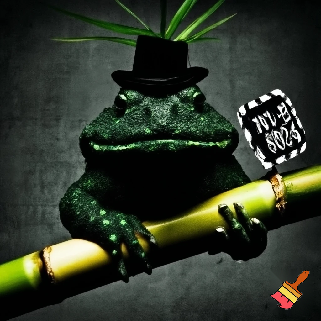 a toad with dark green skin and small little light green glands with a frown smoking sugercane plant with a short tophat in a mughshot  dont make the frog hold the sugercane put it in the toads mouth and make the toad hold a sign saying Cane Toad with the number 659098