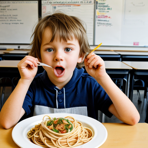 A German kid eating spaghetti and gooning in class