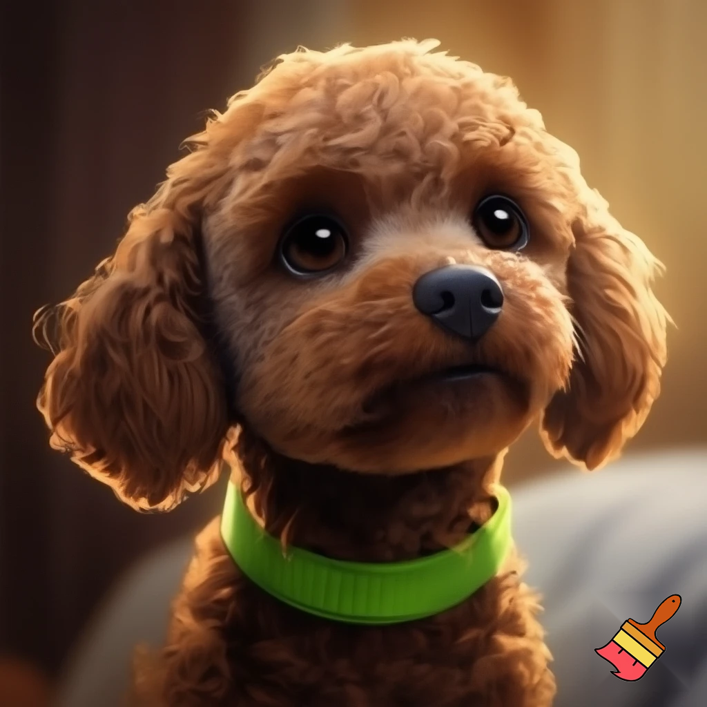 small brown curly haired dog with green collar