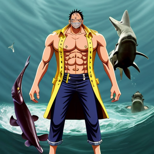 peux tu générer un personnage qui ressemblerait à Arlong de one piece. Il nporte un costume jaune abimé et à des ailerons de requins sur les bras.