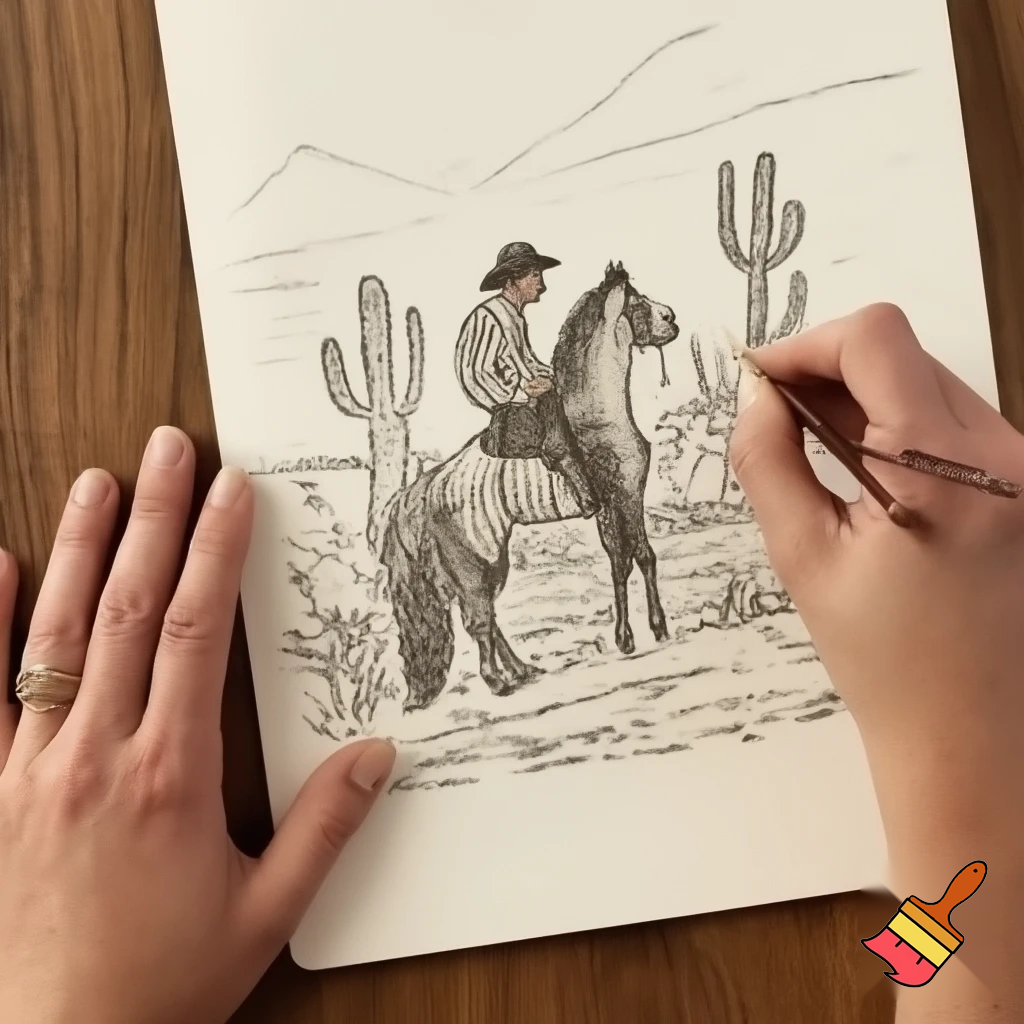draw a western scene with cactus a horse with cowboy   give a vintage appearance.