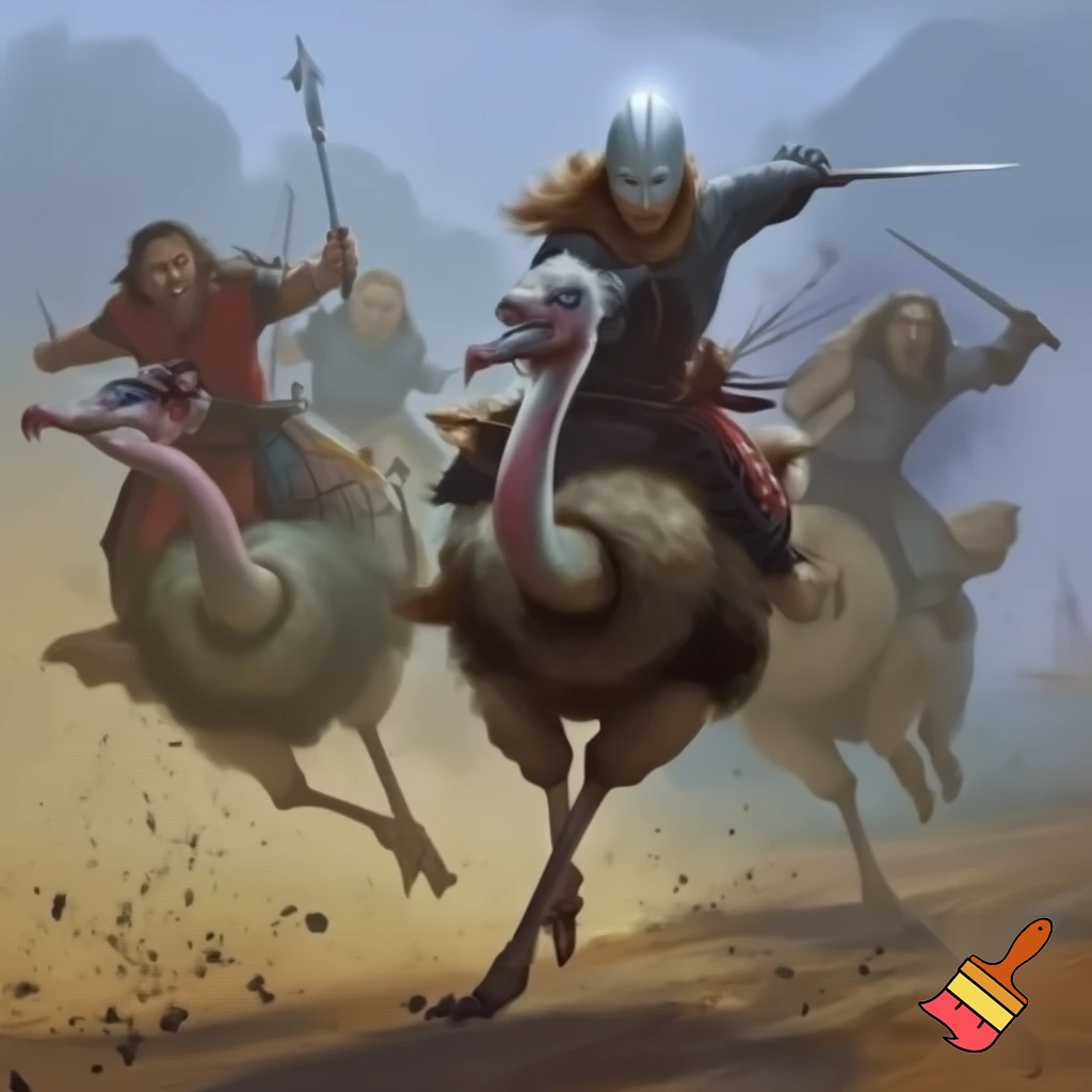four men riding ostriches charging into battle with medieval weapons